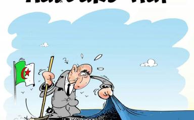 Pour le dessinateur Dilem, c’est la jeunesse algérienne que le président Tebboune glisse sous le tapis. Un tapis bleu qui n’est autre que la mer Méditerranée !